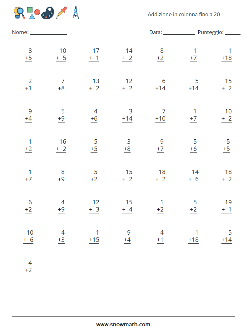 (50) Addizione in colonna fino a 20 Fogli di lavoro di matematica 2