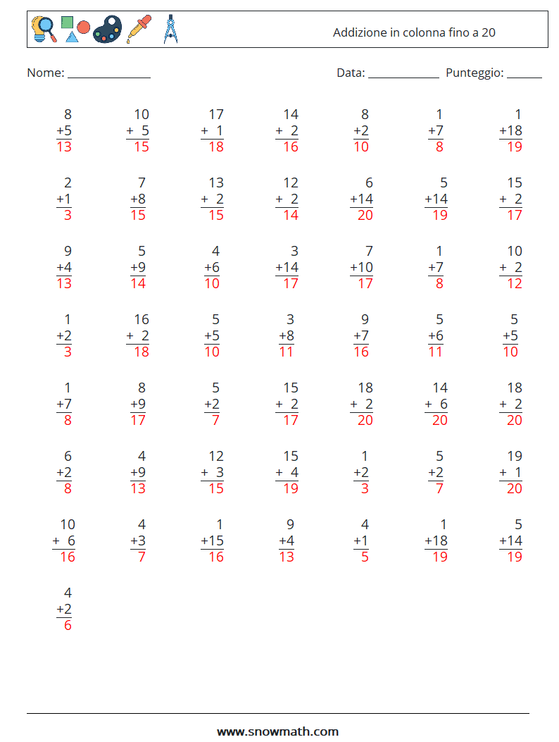 (50) Addizione in colonna fino a 20 Fogli di lavoro di matematica 2 Domanda, Risposta