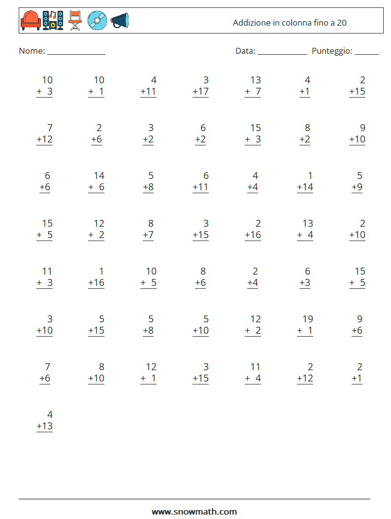 (50) Addizione in colonna fino a 20 Fogli di lavoro di matematica 3