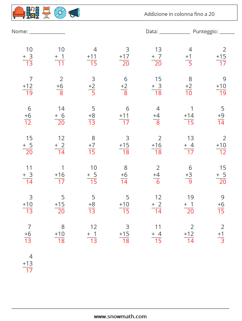 (50) Addizione in colonna fino a 20 Fogli di lavoro di matematica 3 Domanda, Risposta