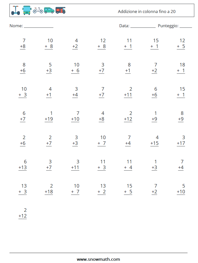 (50) Addizione in colonna fino a 20 Fogli di lavoro di matematica 4