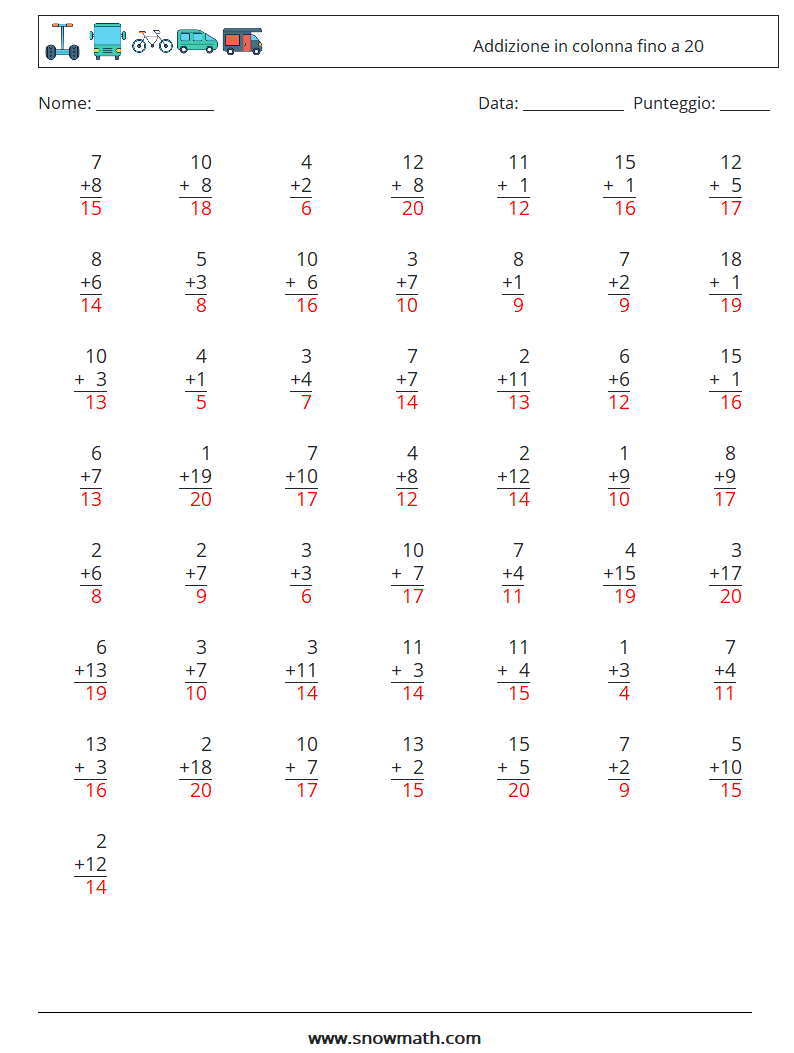 (50) Addizione in colonna fino a 20 Fogli di lavoro di matematica 4 Domanda, Risposta