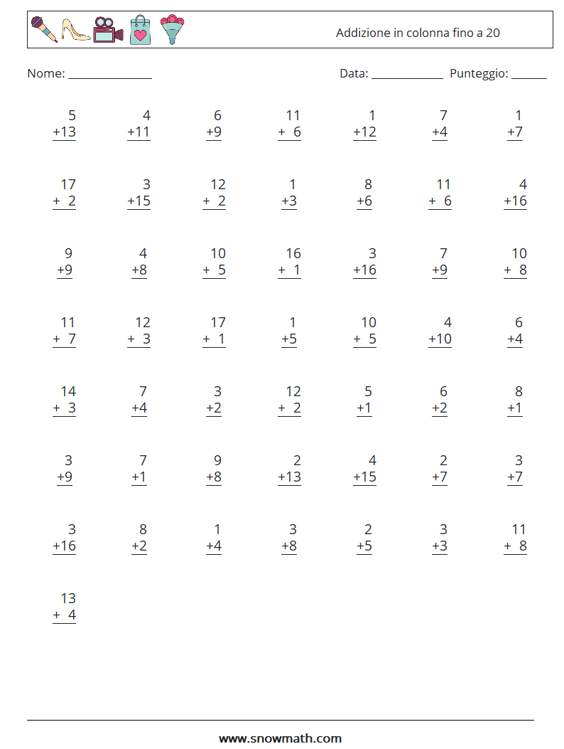 (50) Addizione in colonna fino a 20 Fogli di lavoro di matematica 5