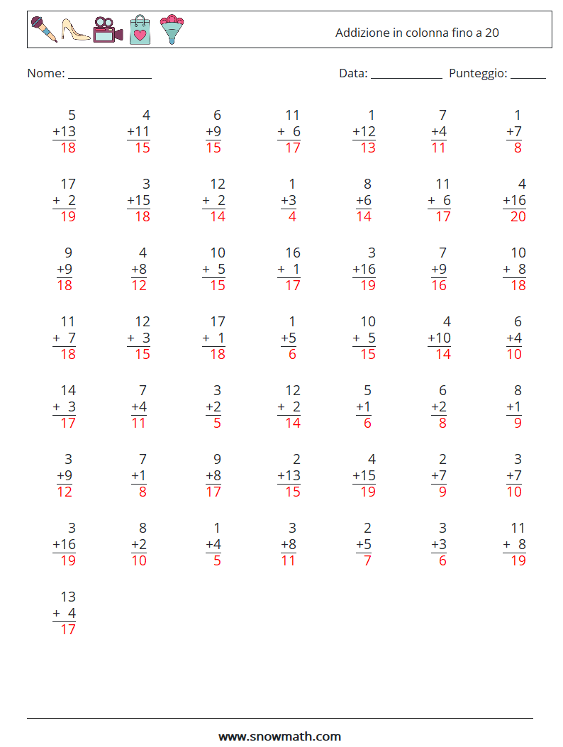 (50) Addizione in colonna fino a 20 Fogli di lavoro di matematica 5 Domanda, Risposta