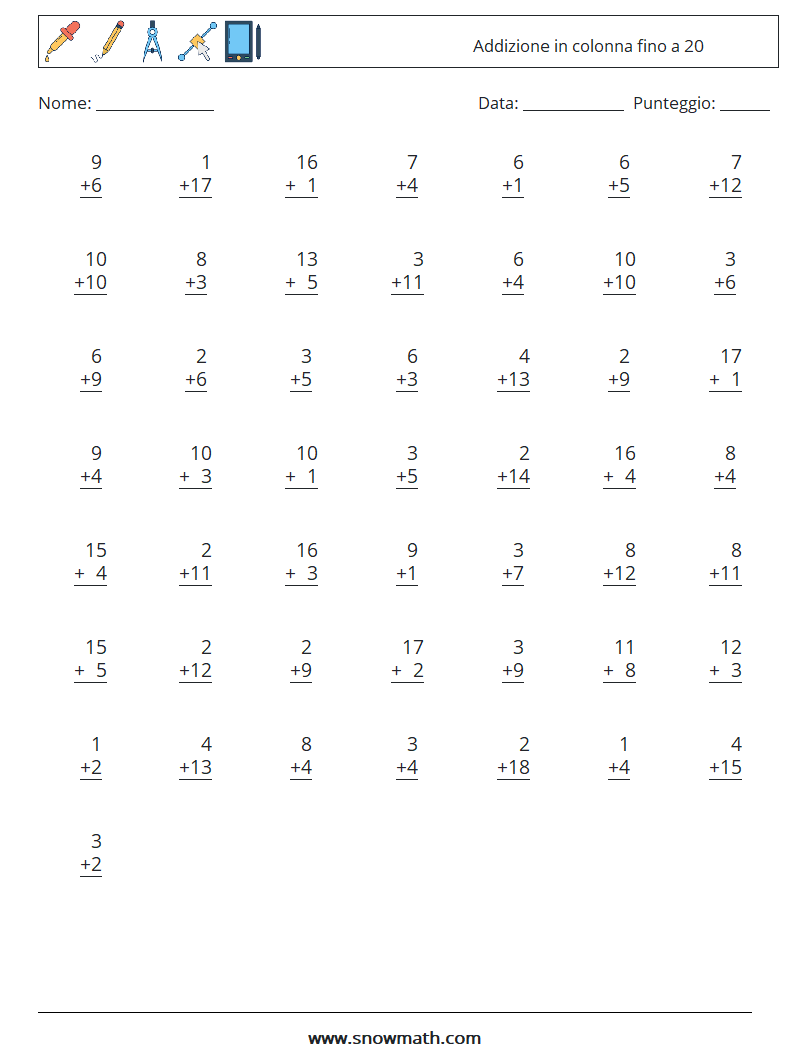 (50) Addizione in colonna fino a 20 Fogli di lavoro di matematica 6
