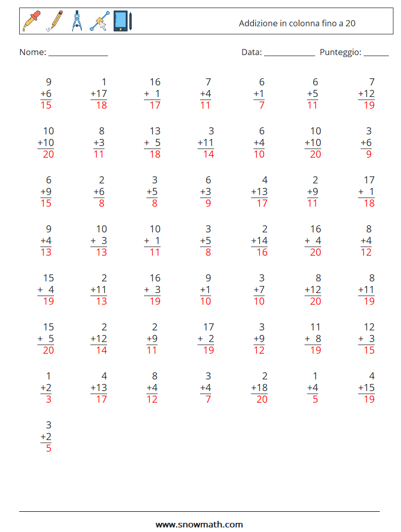 (50) Addizione in colonna fino a 20 Fogli di lavoro di matematica 6 Domanda, Risposta