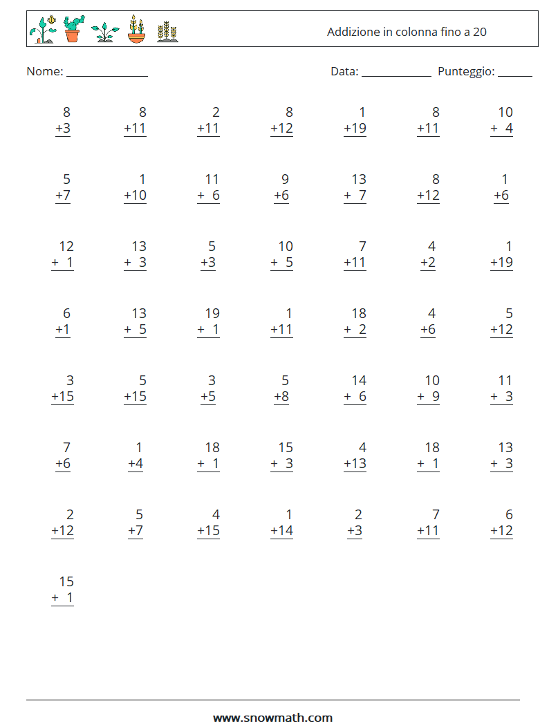 (50) Addizione in colonna fino a 20 Fogli di lavoro di matematica 7