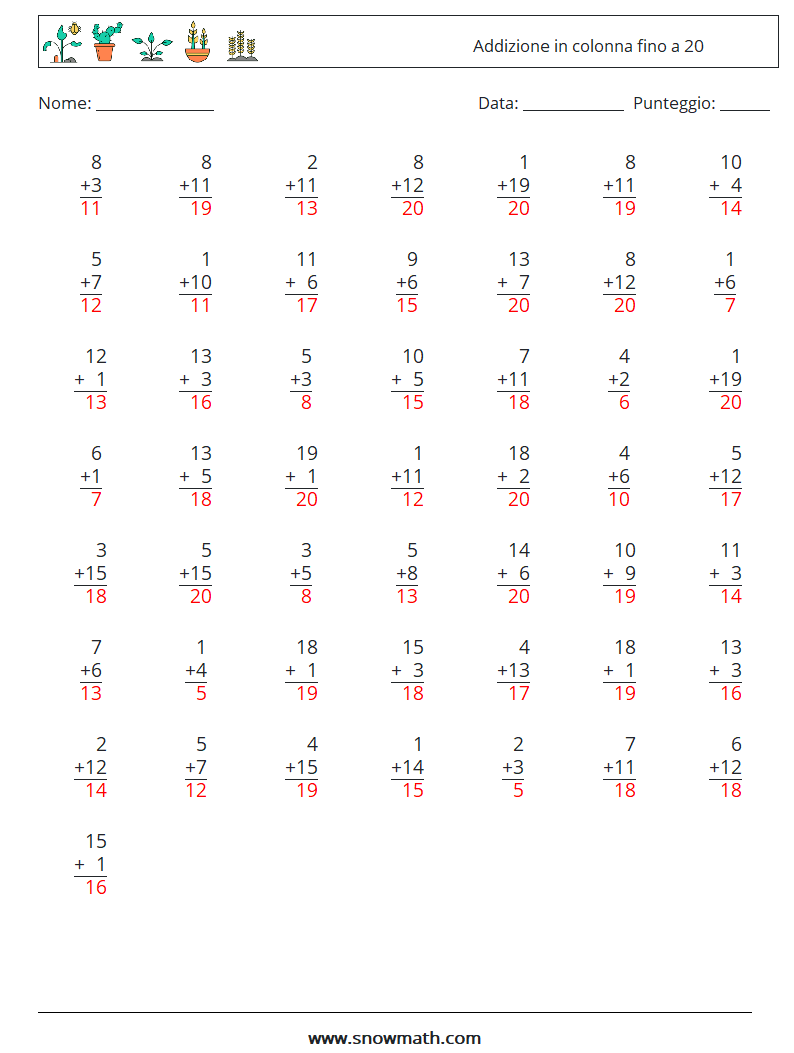 (50) Addizione in colonna fino a 20 Fogli di lavoro di matematica 7 Domanda, Risposta