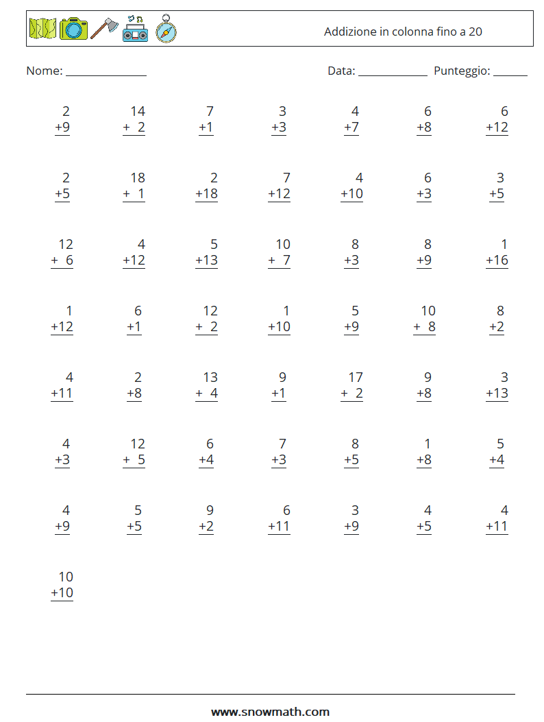 (50) Addizione in colonna fino a 20 Fogli di lavoro di matematica 8