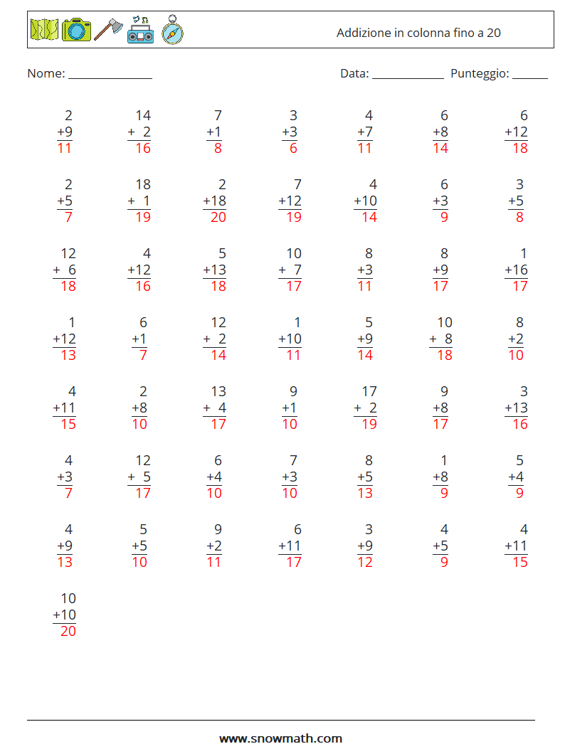 (50) Addizione in colonna fino a 20 Fogli di lavoro di matematica 8 Domanda, Risposta