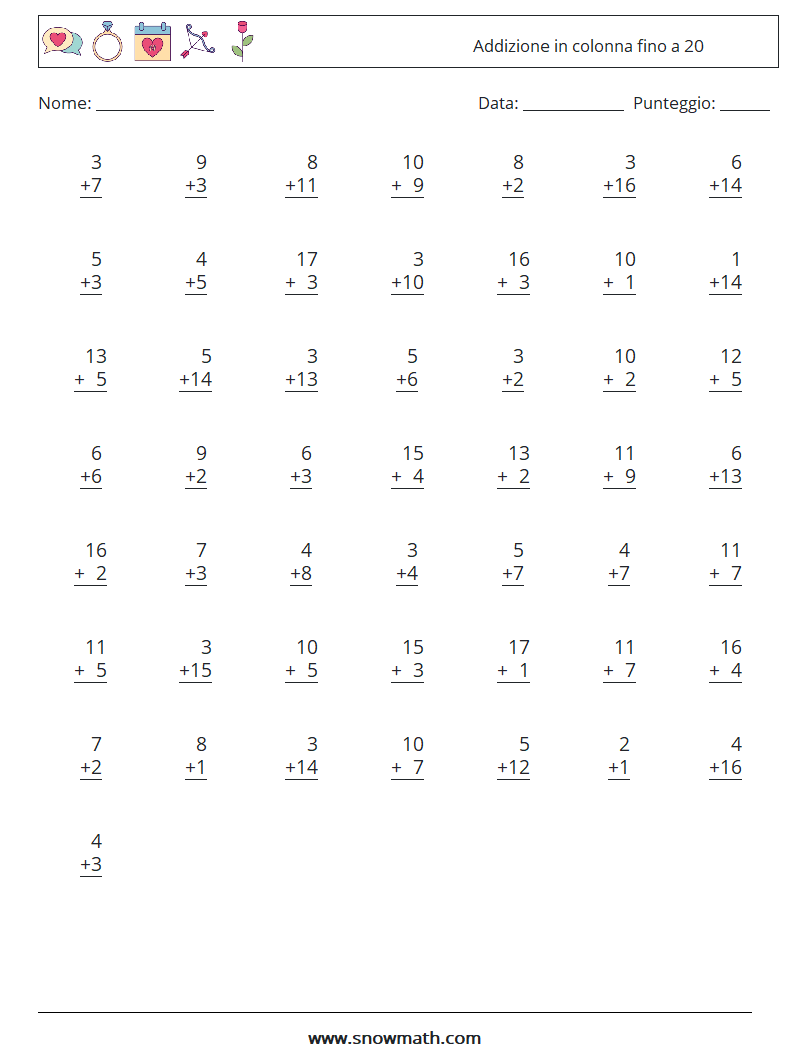 (50) Addizione in colonna fino a 20 Fogli di lavoro di matematica 9
