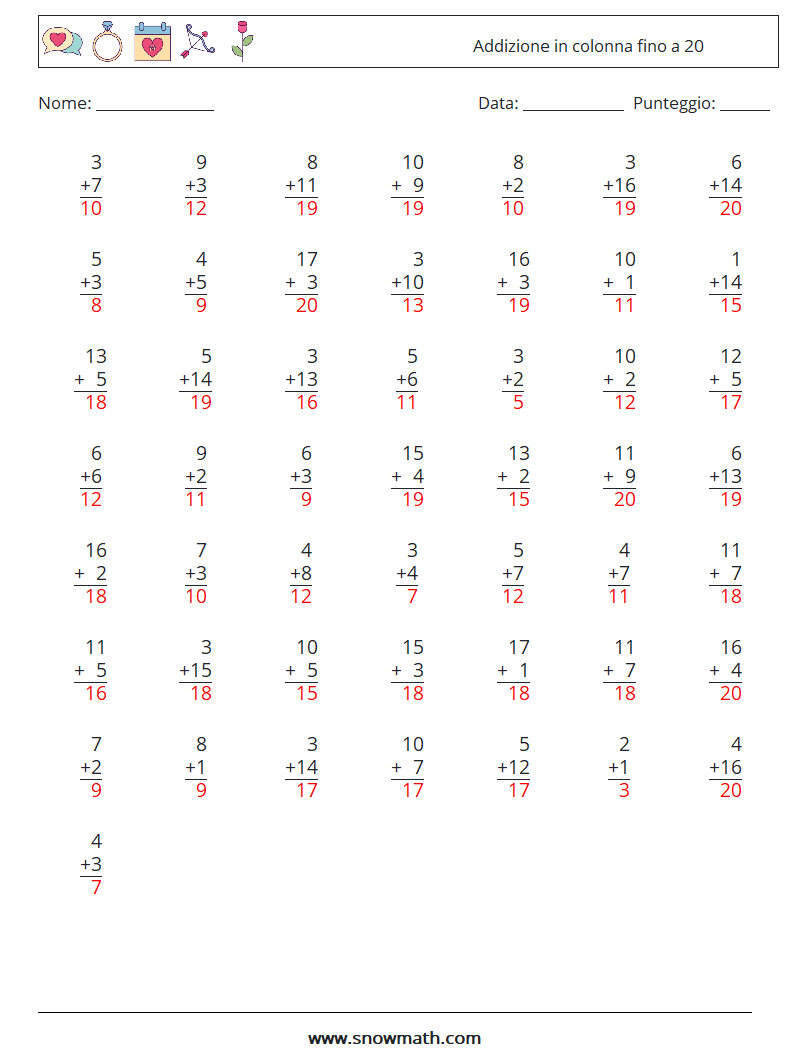 (50) Addizione in colonna fino a 20 Fogli di lavoro di matematica 9 Domanda, Risposta