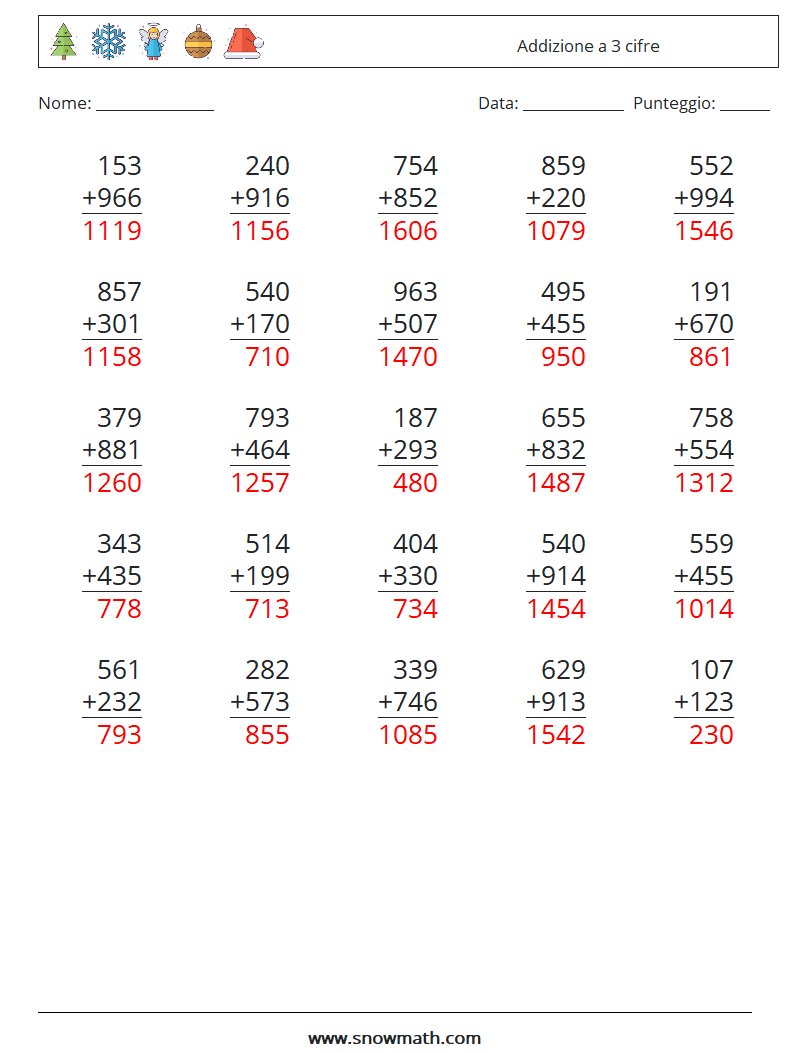 (25) Addizione a 3 cifre Fogli di lavoro di matematica 10 Domanda, Risposta