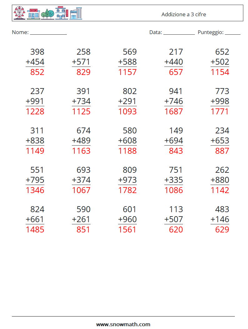 (25) Addizione a 3 cifre Fogli di lavoro di matematica 11 Domanda, Risposta