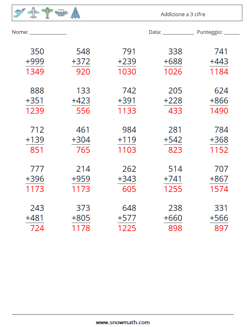 (25) Addizione a 3 cifre Fogli di lavoro di matematica 12 Domanda, Risposta