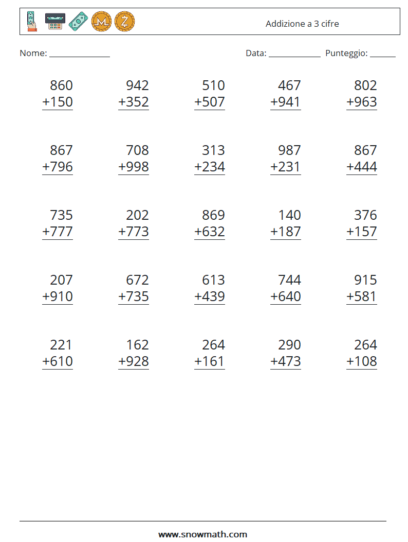 (25) Addizione a 3 cifre Fogli di lavoro di matematica 16