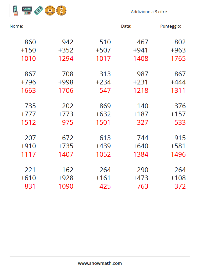 (25) Addizione a 3 cifre Fogli di lavoro di matematica 16 Domanda, Risposta