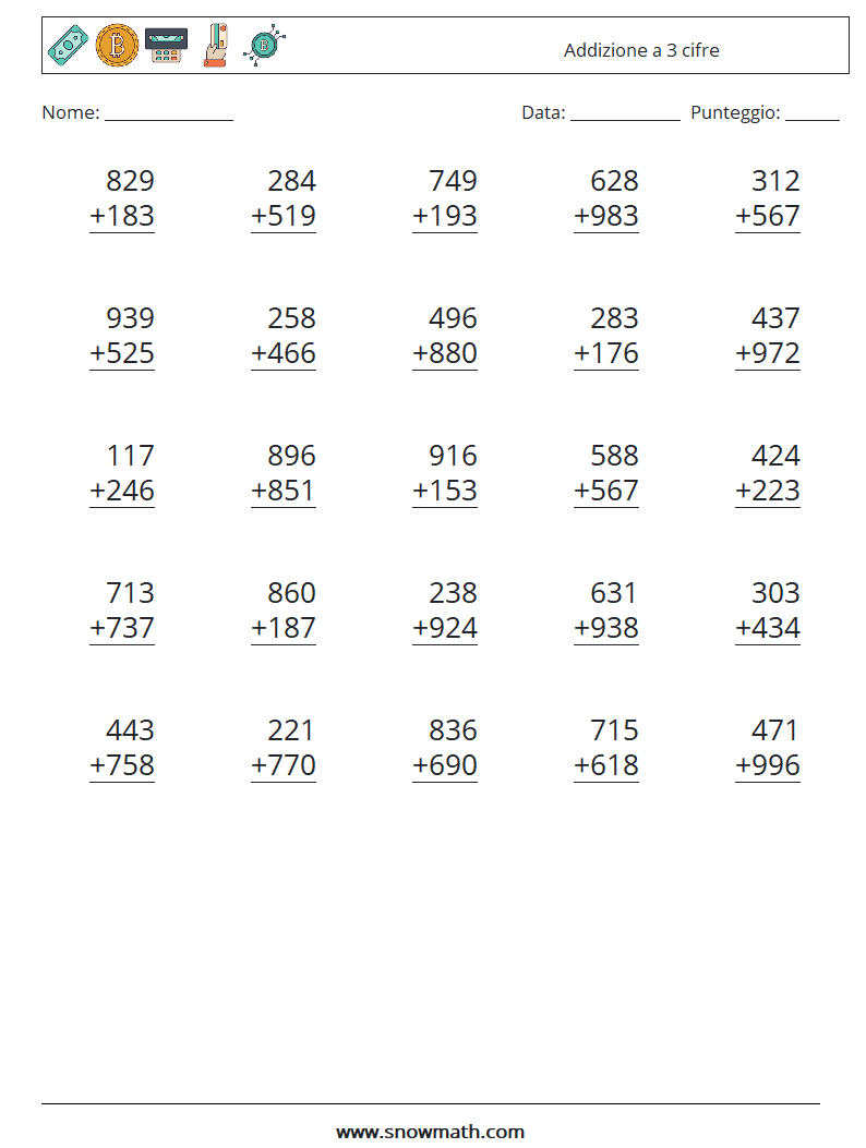 (25) Addizione a 3 cifre Fogli di lavoro di matematica 17