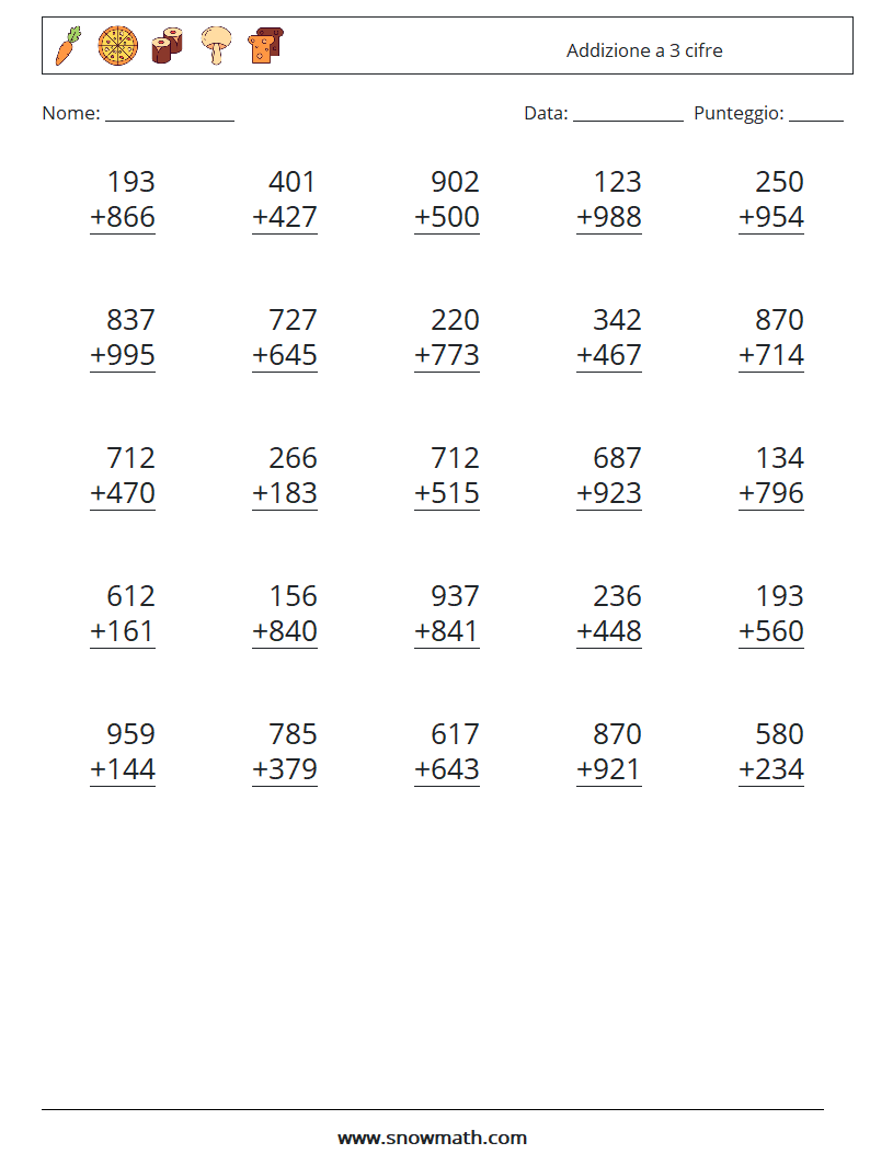 (25) Addizione a 3 cifre Fogli di lavoro di matematica 2