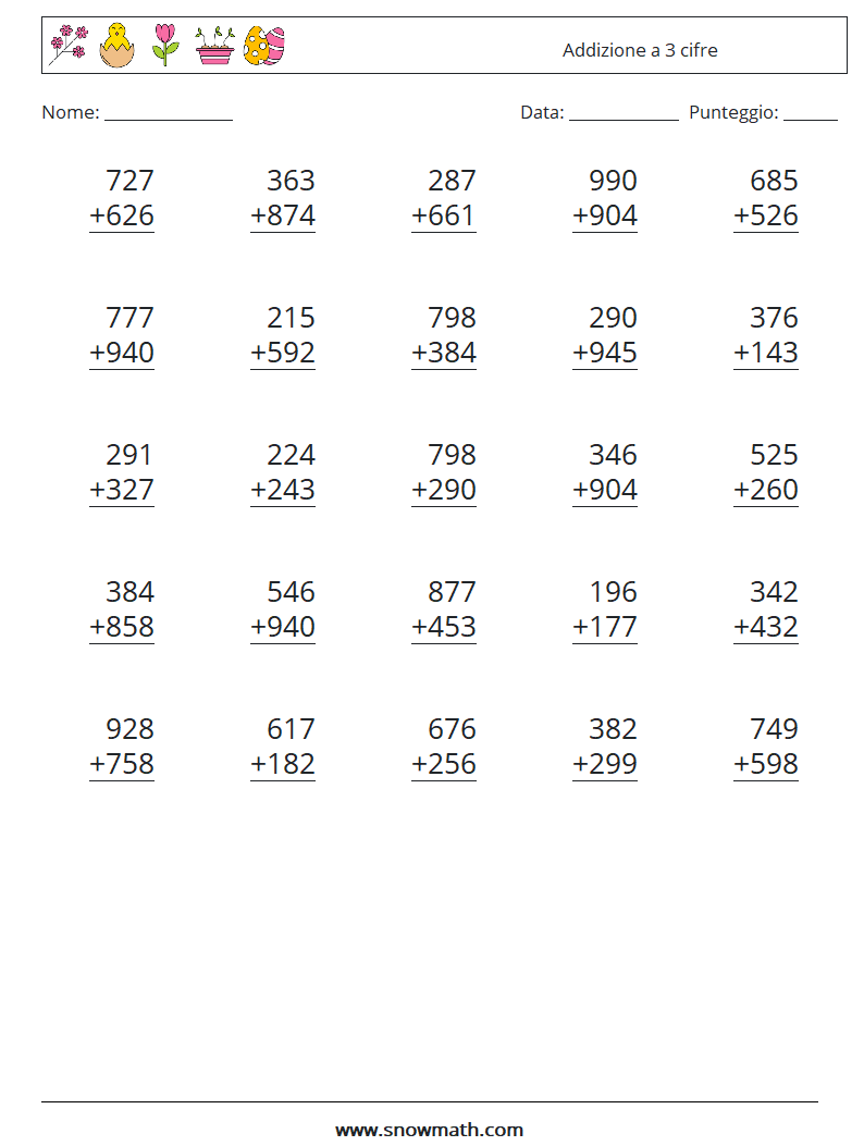 (25) Addizione a 3 cifre Fogli di lavoro di matematica 4