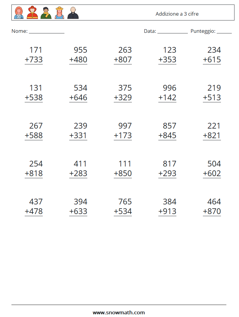 (25) Addizione a 3 cifre Fogli di lavoro di matematica 5