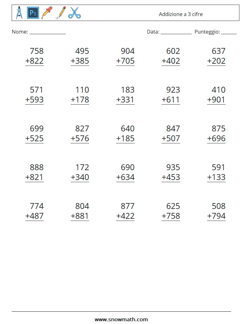 (25) Addizione a 3 cifre Fogli di lavoro di matematica 7