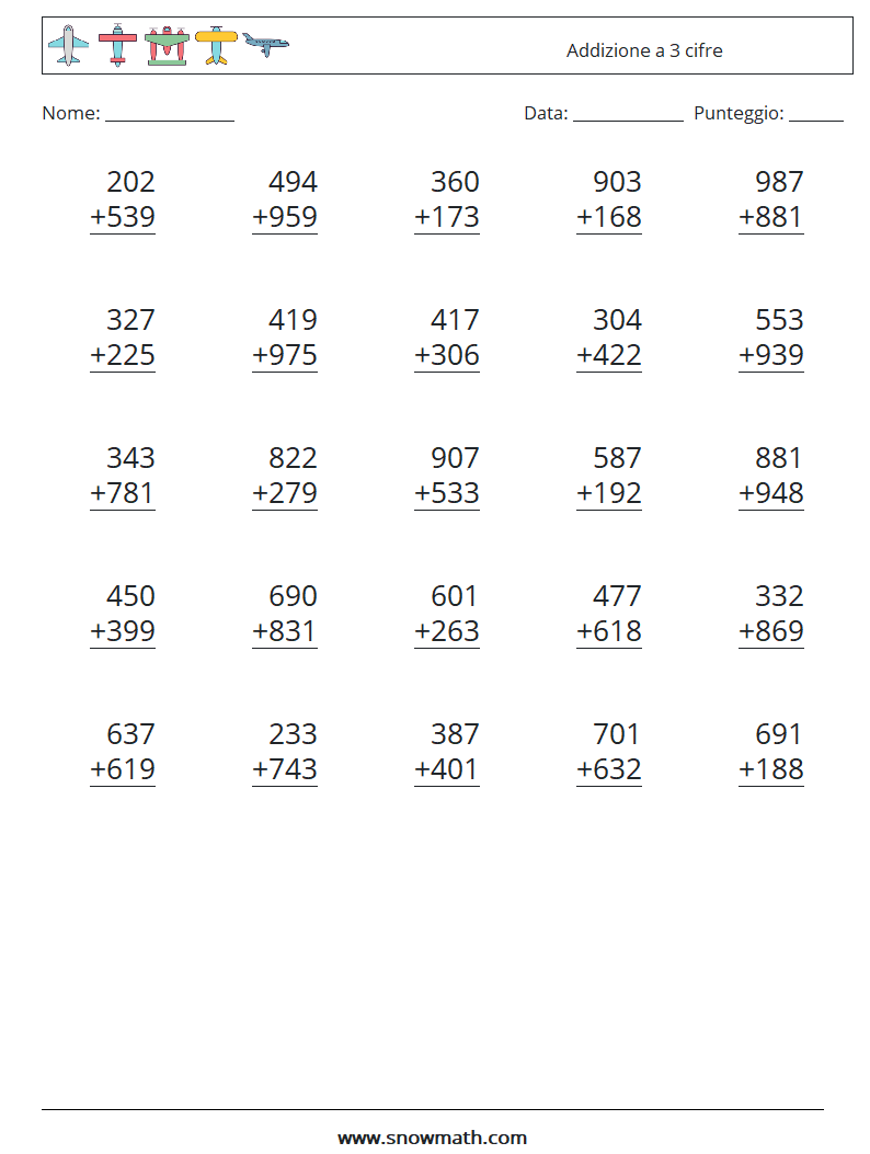(25) Addizione a 3 cifre Fogli di lavoro di matematica 8