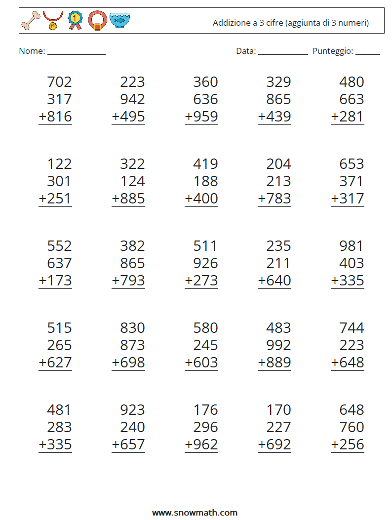 (25) Addizione a 3 cifre (aggiunta di 3 numeri) Fogli di lavoro di matematica 10