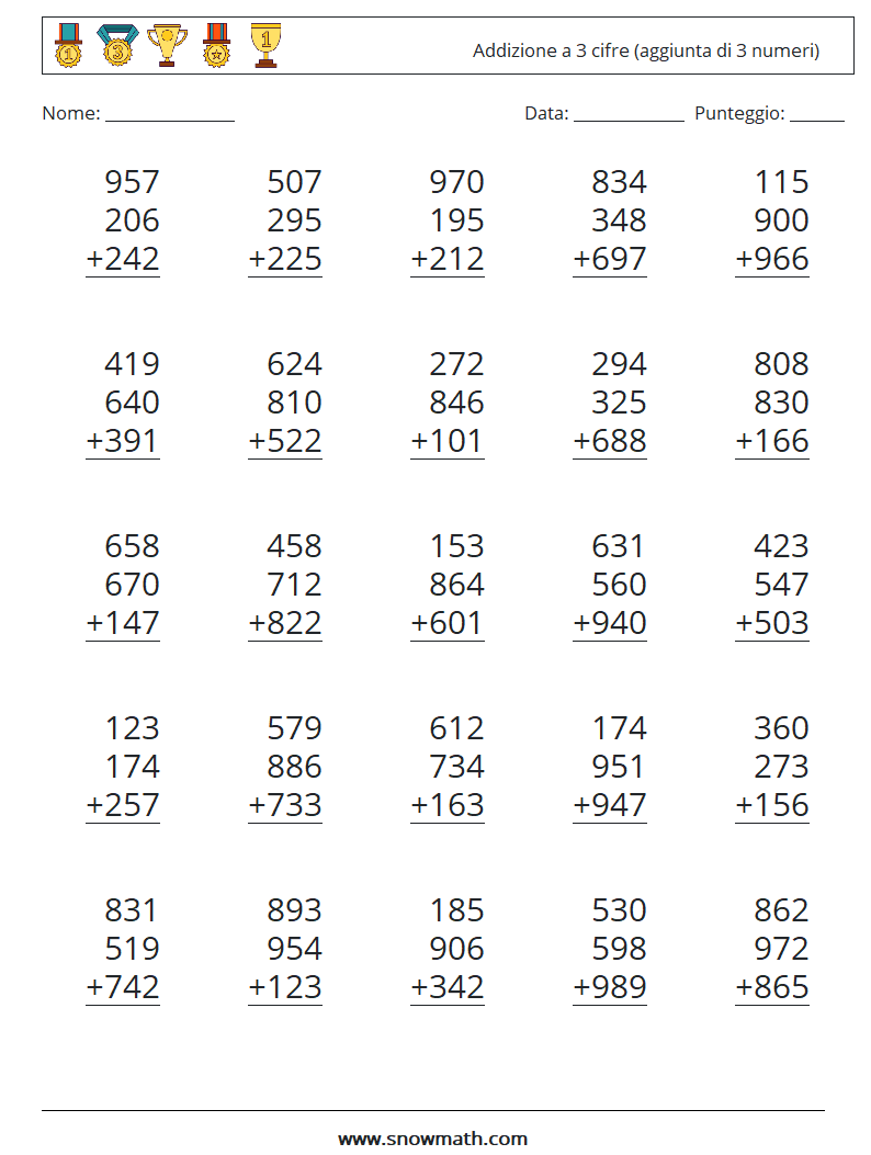 (25) Addizione a 3 cifre (aggiunta di 3 numeri) Fogli di lavoro di matematica 14