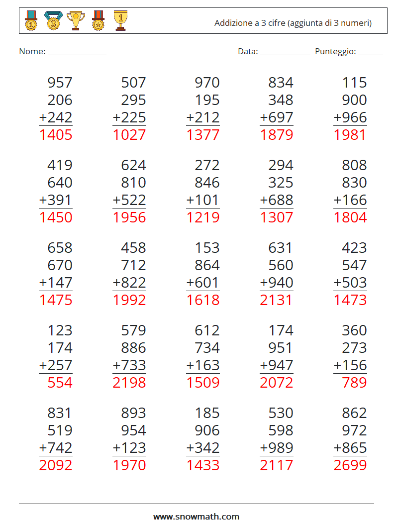 (25) Addizione a 3 cifre (aggiunta di 3 numeri) Fogli di lavoro di matematica 14 Domanda, Risposta