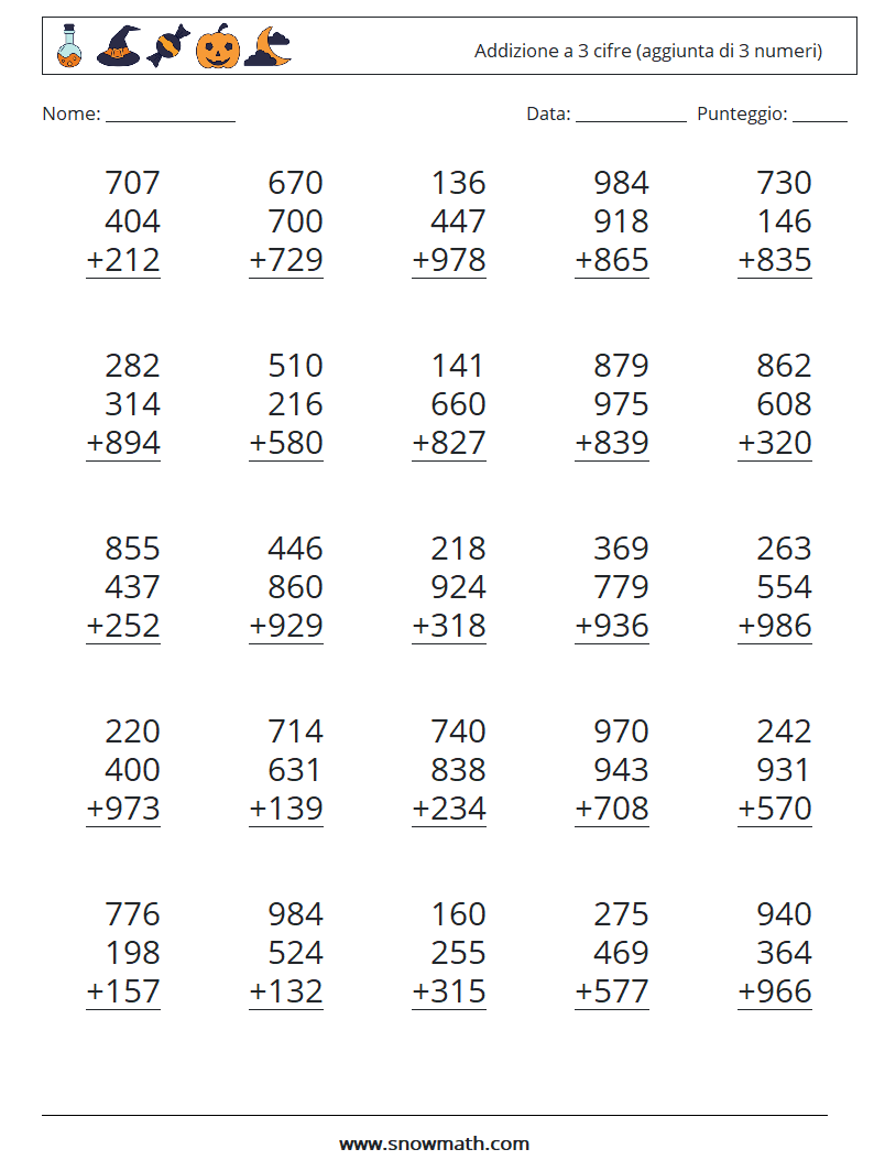 (25) Addizione a 3 cifre (aggiunta di 3 numeri) Fogli di lavoro di matematica 18