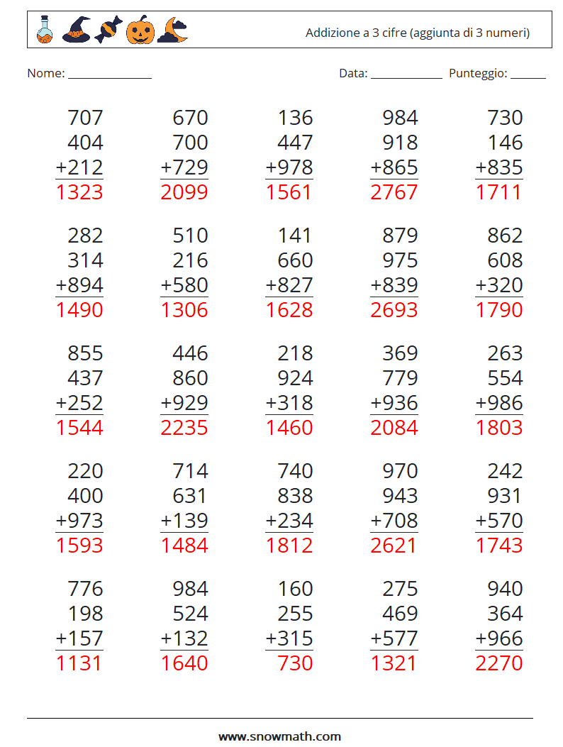 (25) Addizione a 3 cifre (aggiunta di 3 numeri) Fogli di lavoro di matematica 18 Domanda, Risposta