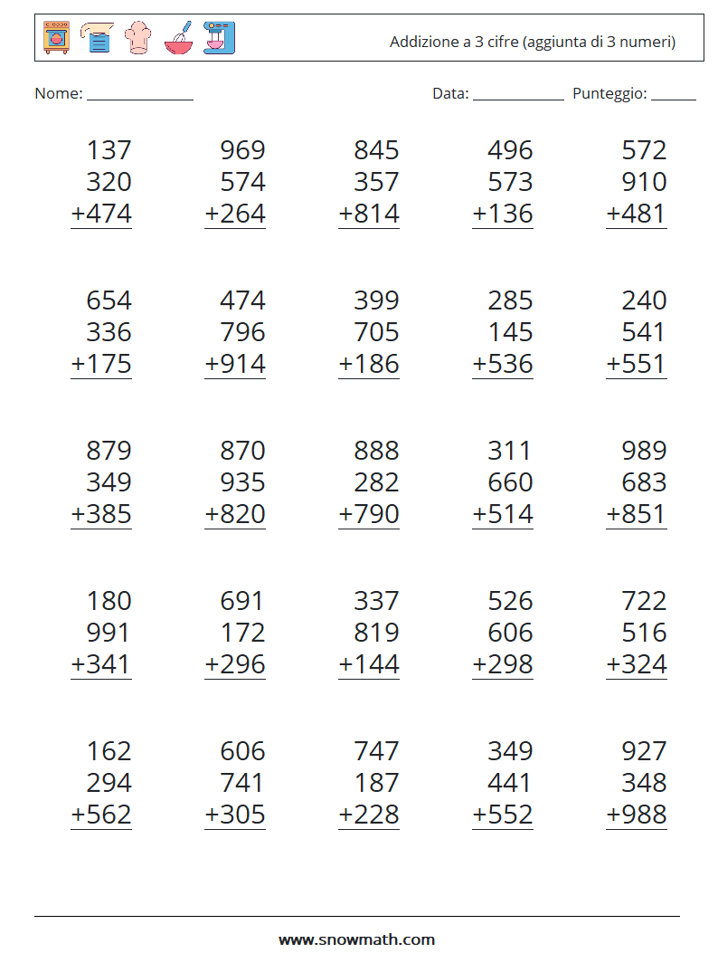 (25) Addizione a 3 cifre (aggiunta di 3 numeri) Fogli di lavoro di matematica 6