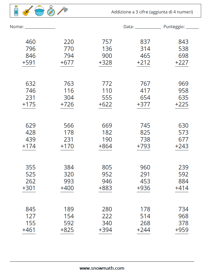 (25) Addizione a 3 cifre (aggiunta di 4 numeri) Fogli di lavoro di matematica 10