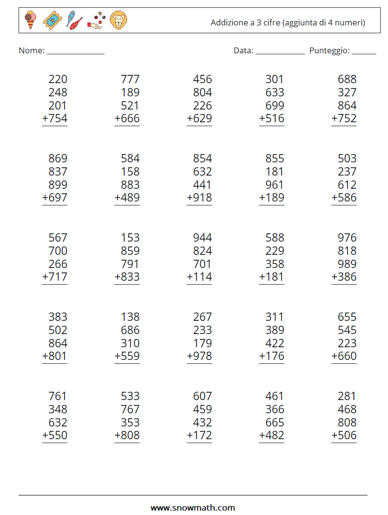(25) Addizione a 3 cifre (aggiunta di 4 numeri) Fogli di lavoro di matematica 11