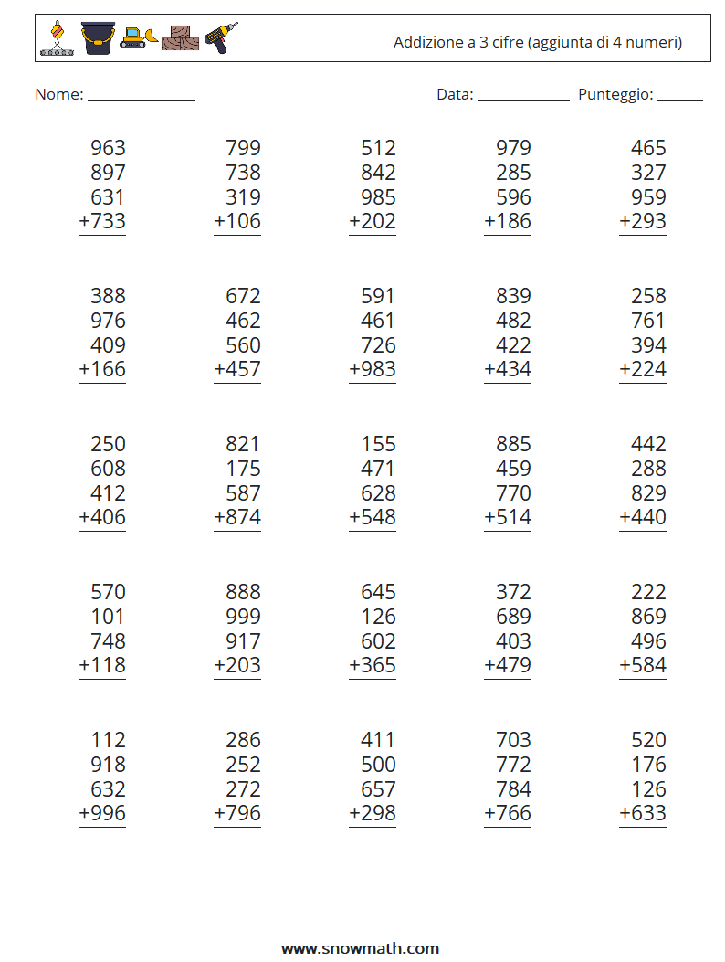 (25) Addizione a 3 cifre (aggiunta di 4 numeri) Fogli di lavoro di matematica 12