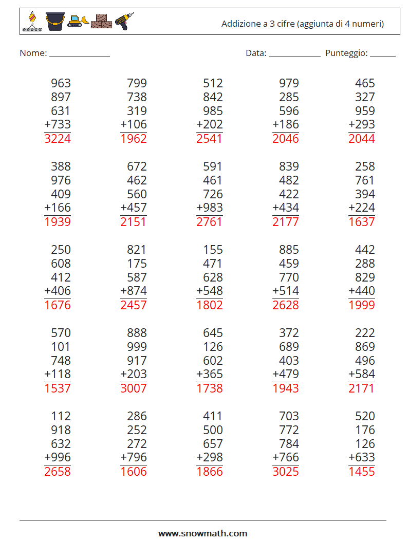 (25) Addizione a 3 cifre (aggiunta di 4 numeri) Fogli di lavoro di matematica 12 Domanda, Risposta