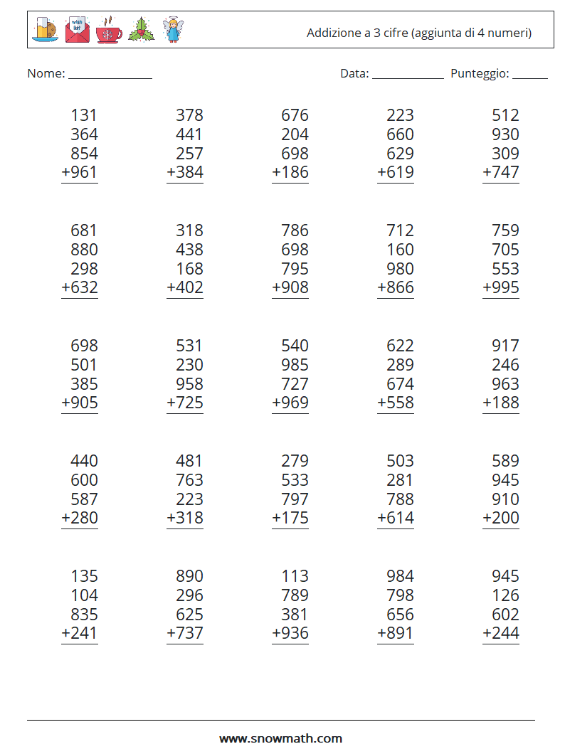 (25) Addizione a 3 cifre (aggiunta di 4 numeri) Fogli di lavoro di matematica 13