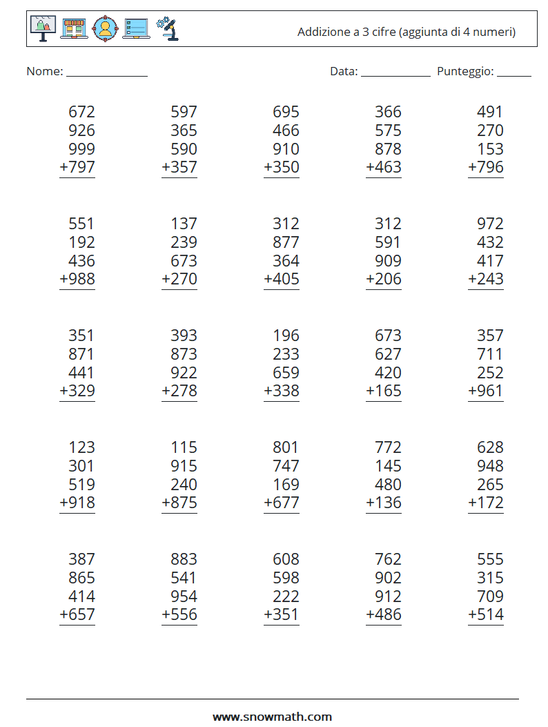 (25) Addizione a 3 cifre (aggiunta di 4 numeri) Fogli di lavoro di matematica 14