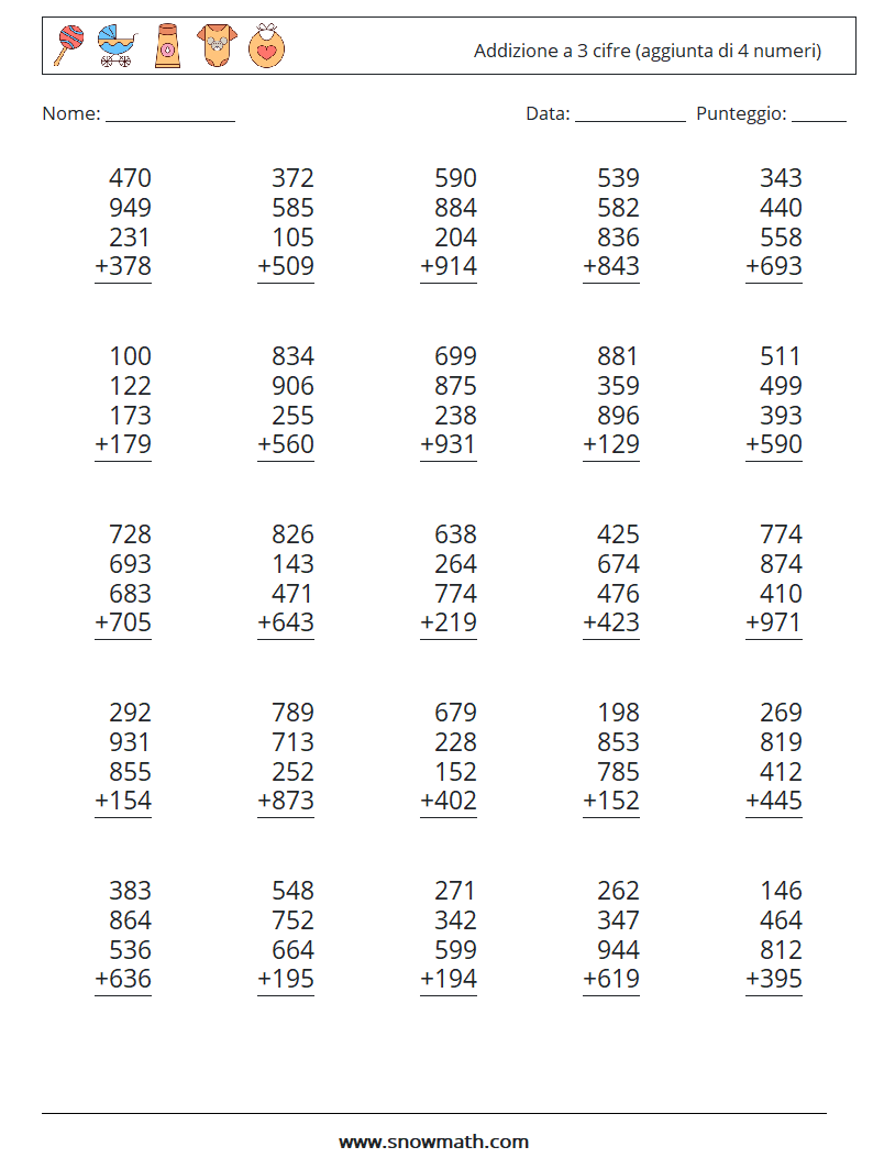 (25) Addizione a 3 cifre (aggiunta di 4 numeri) Fogli di lavoro di matematica 15
