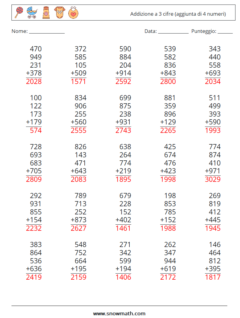 (25) Addizione a 3 cifre (aggiunta di 4 numeri) Fogli di lavoro di matematica 15 Domanda, Risposta