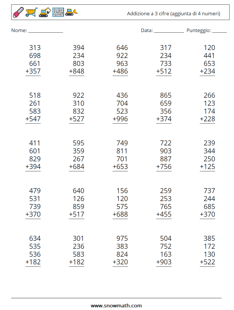 (25) Addizione a 3 cifre (aggiunta di 4 numeri) Fogli di lavoro di matematica 16