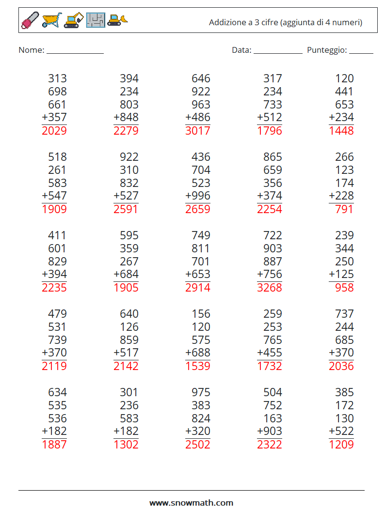 (25) Addizione a 3 cifre (aggiunta di 4 numeri) Fogli di lavoro di matematica 16 Domanda, Risposta