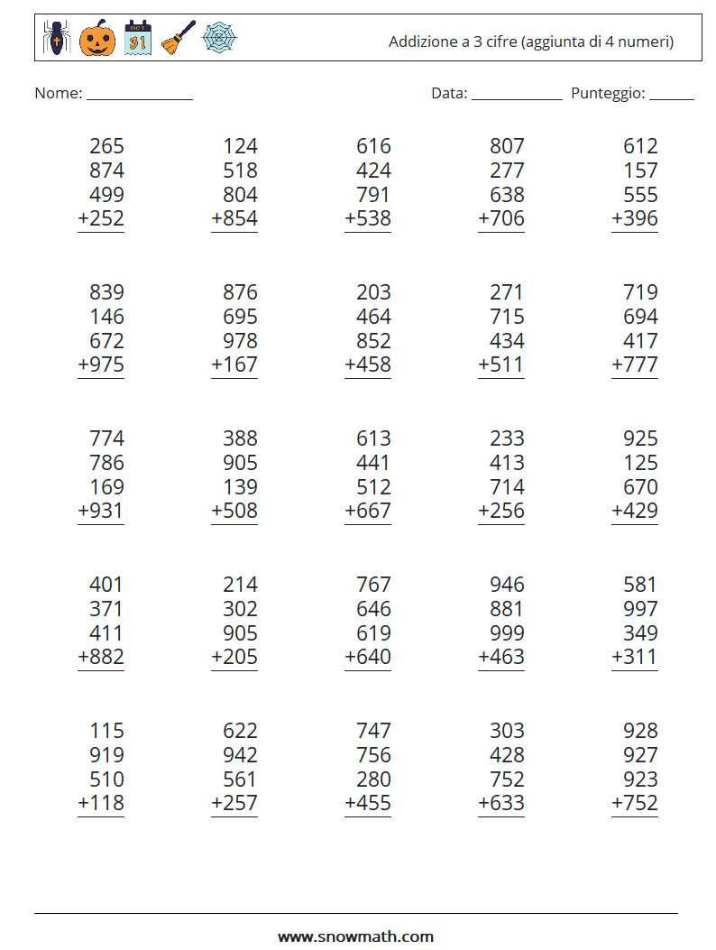 (25) Addizione a 3 cifre (aggiunta di 4 numeri) Fogli di lavoro di matematica 17