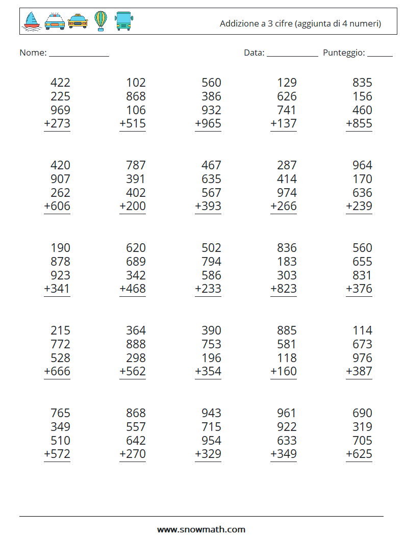 (25) Addizione a 3 cifre (aggiunta di 4 numeri) Fogli di lavoro di matematica 18