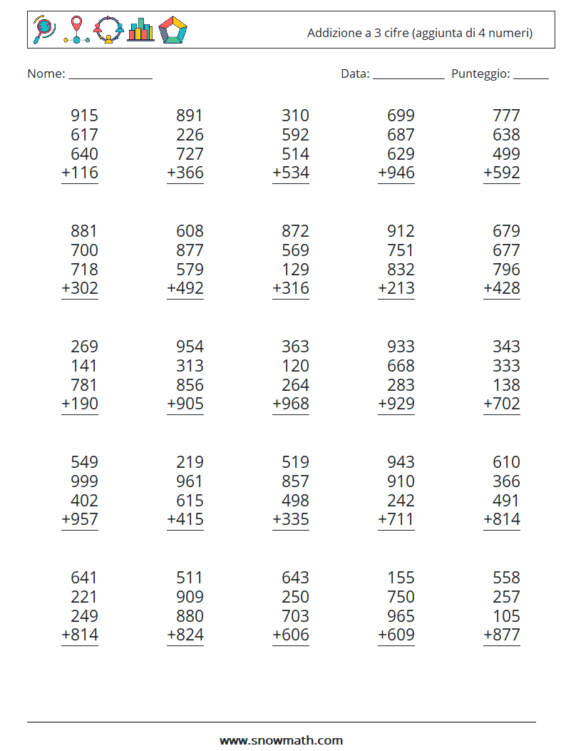 (25) Addizione a 3 cifre (aggiunta di 4 numeri) Fogli di lavoro di matematica 2