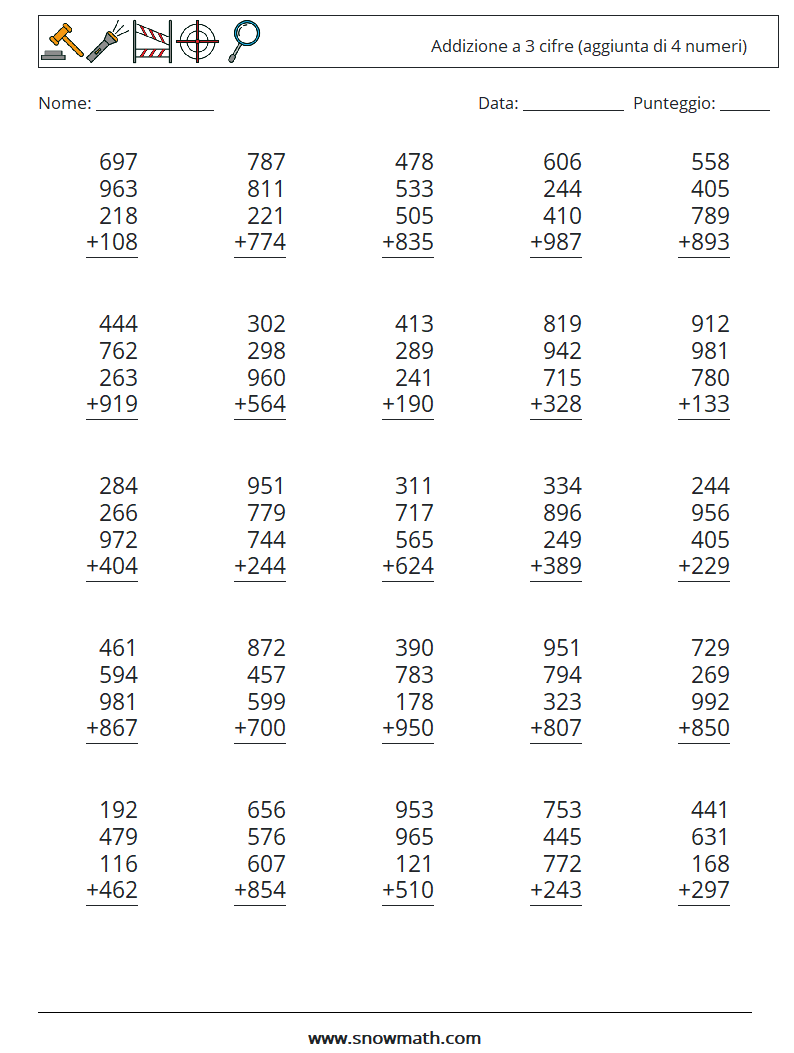 (25) Addizione a 3 cifre (aggiunta di 4 numeri) Fogli di lavoro di matematica 3