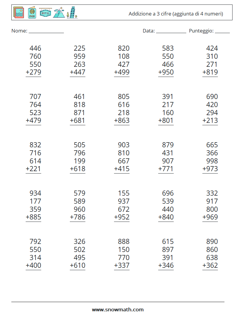 (25) Addizione a 3 cifre (aggiunta di 4 numeri) Fogli di lavoro di matematica 4