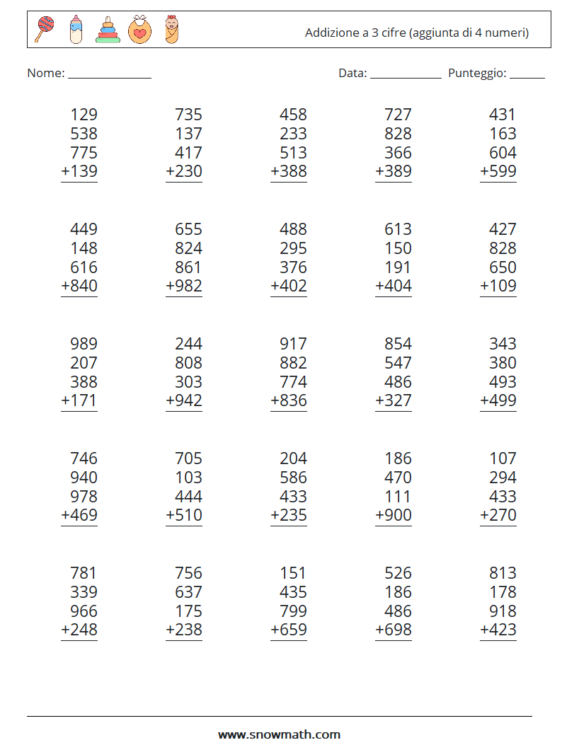 (25) Addizione a 3 cifre (aggiunta di 4 numeri) Fogli di lavoro di matematica 5