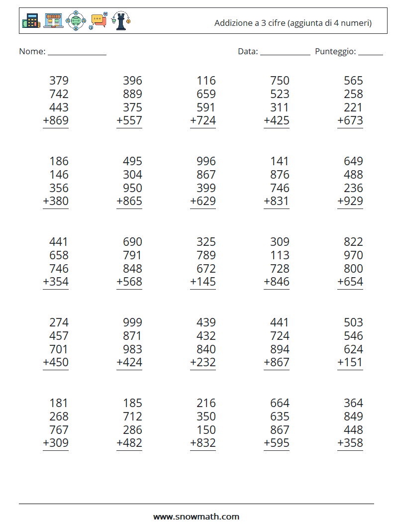 (25) Addizione a 3 cifre (aggiunta di 4 numeri) Fogli di lavoro di matematica 6